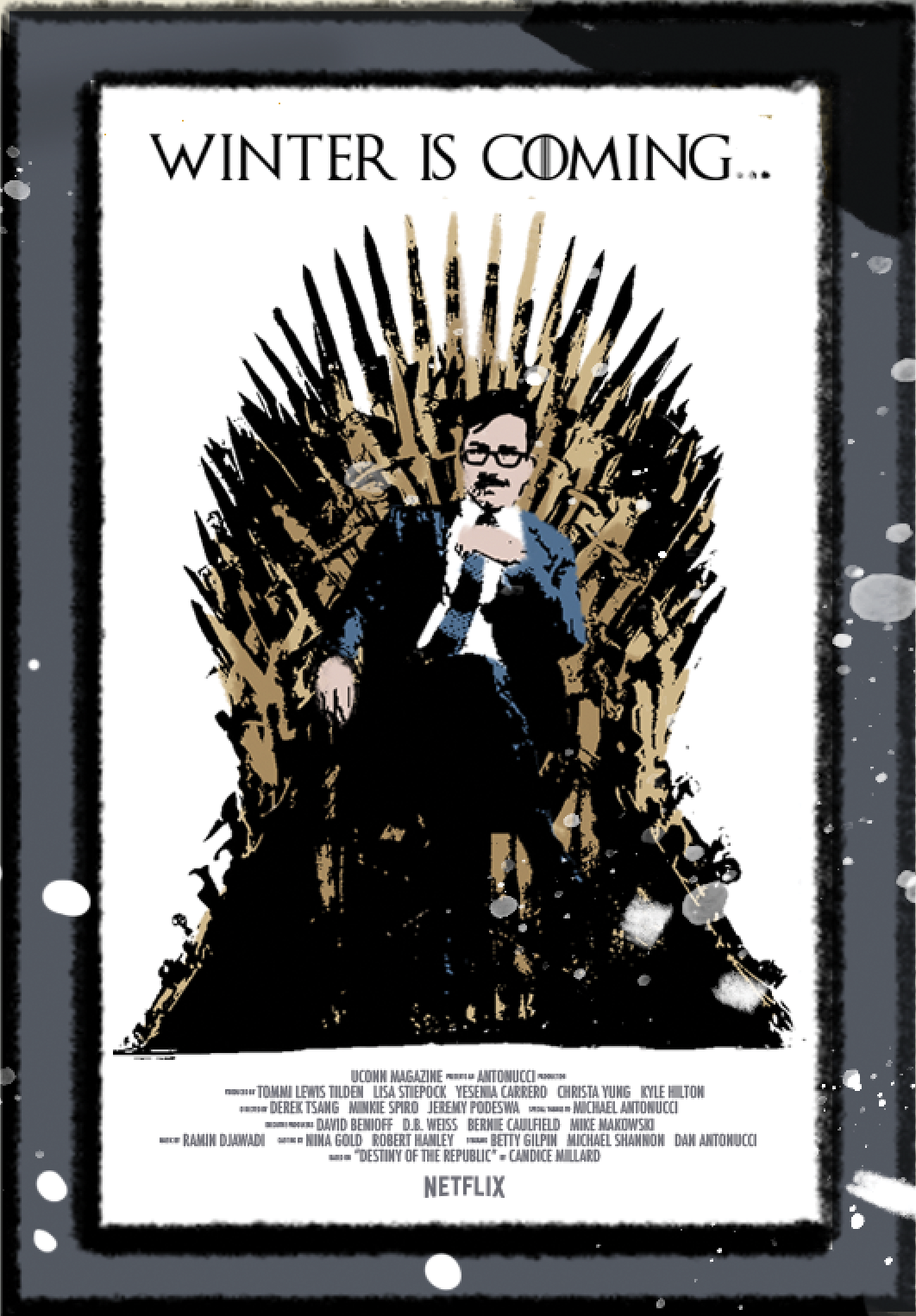 Spoof cinema poster featuring Ethan sitting on the iconic 'Game of Thrones', sword-ridden throne